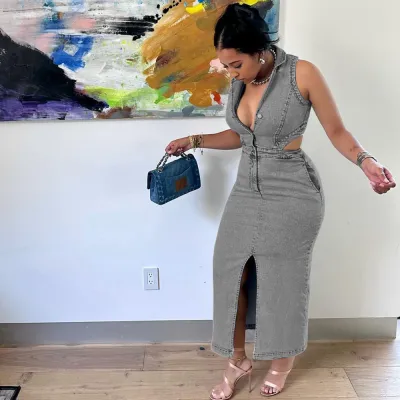 Women Fashion Sexy Lapel Sleeveless Hollow-Out Denim Dress