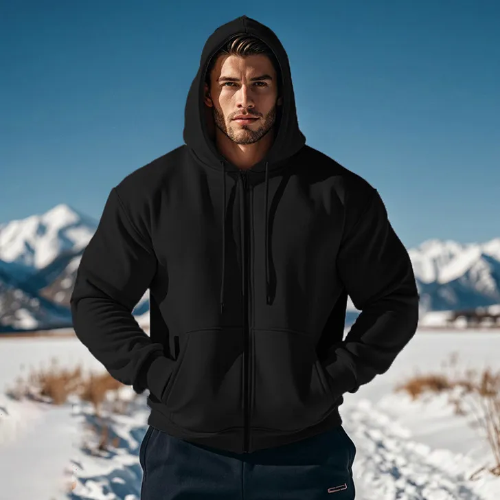 Men'S Fashion Casual Autumn And Winter Solid Color Fleece Warm Long Sleeve Hoodies