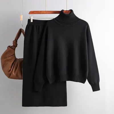 Women Fashion Casual Autumn And Winter Solid Color Turtleneck Sweater Maxi Skirt Knitted Two-Piece Set