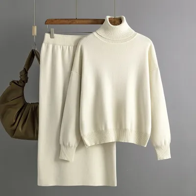 Women Fashion Casual Autumn And Winter Solid Color Turtleneck Sweater Maxi Skirt Knitted Two-Piece Set