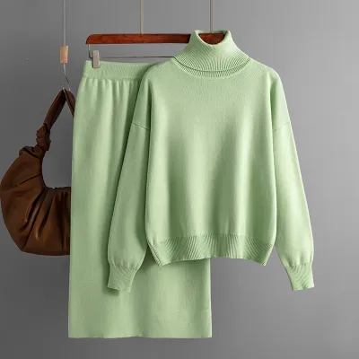 Women Fashion Casual Autumn And Winter Solid Color Turtleneck Sweater Maxi Skirt Knitted Two-Piece Set