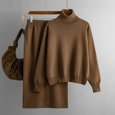 Women Fashion Casual Autumn And Winter Solid Color Turtleneck Sweater Maxi Skirt Knitted Two-Piece Set