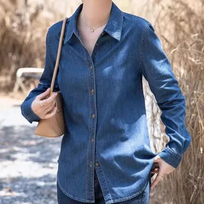 Women Fashionc Casual Spring And Autumn Lapel Long-Sleeve Denim Shirt