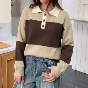 Women Fashion Casual Autumn Maillard Contrast Color Stripe Lapel Long-Sleeve Sweater