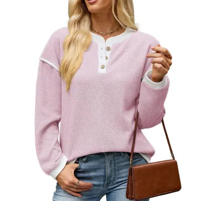 Women Fashion Casual Autumn And Winter Contrast Color Open Collar Button Long Sleeve Loose Sweatshirt