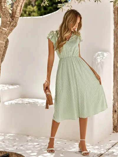 Women Fashion Casual Summer Solid Color V-Neck Tight Waist Loose Dress