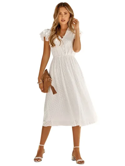 Women Fashion Casual Summer Solid Color V-Neck Tight Waist Loose Dress