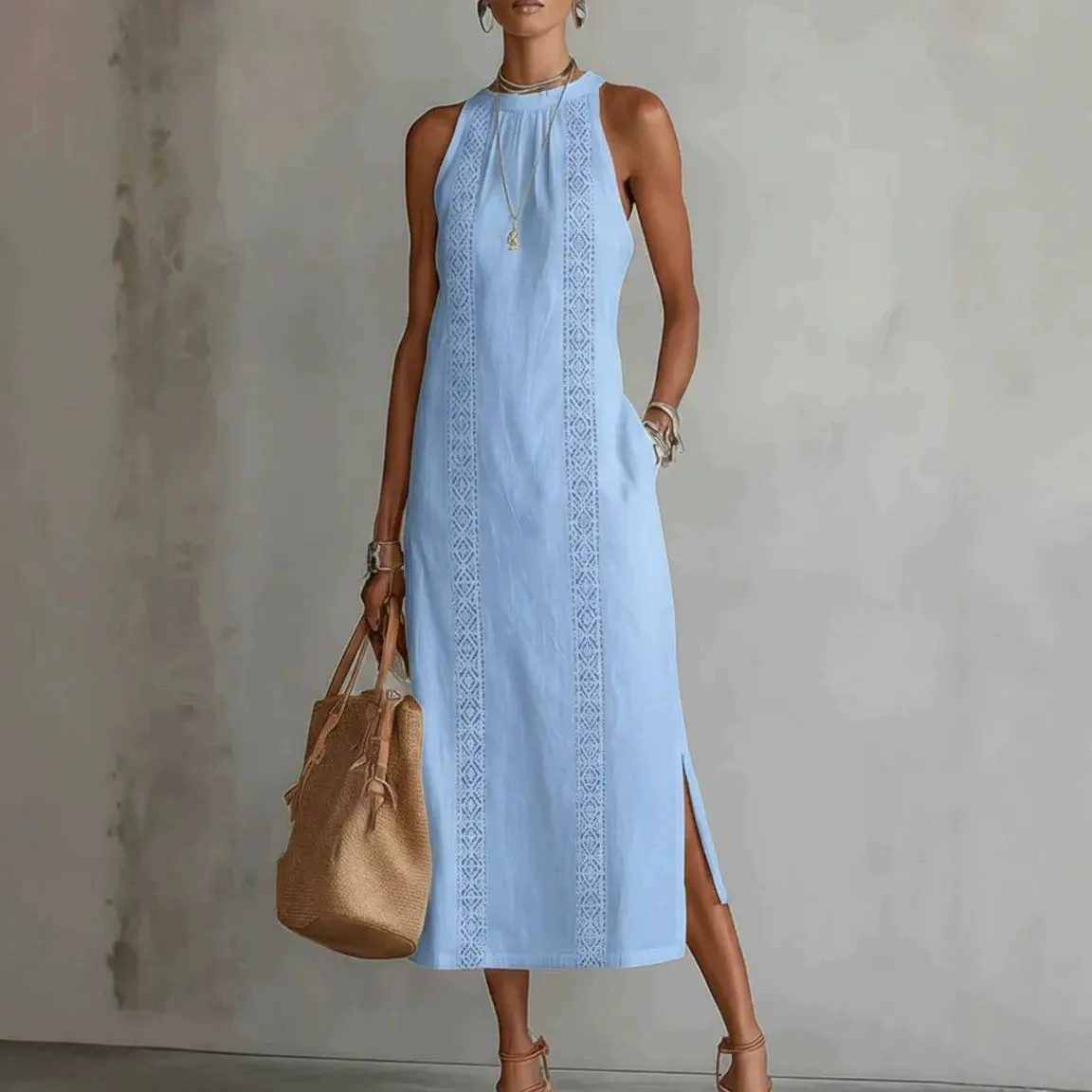 Women Fashion Casual Summer Solid Color Sleeveless Loose Dress