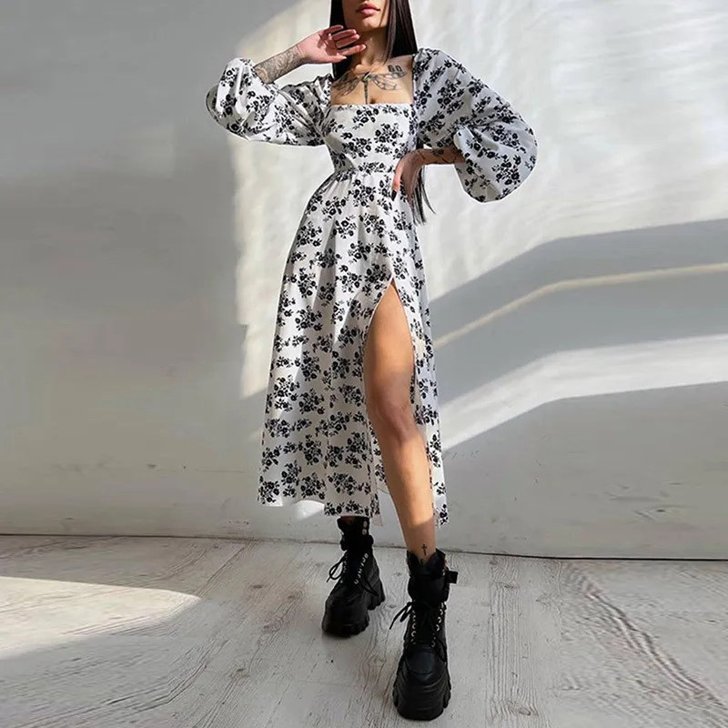 Women Fashion Casual Summer Elegant Flower Printed Long-Sleeve Backless Split A-Line Dress