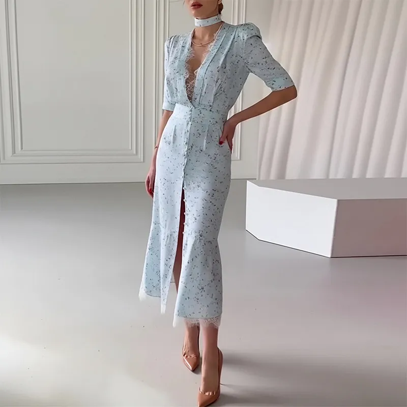 Women Fashion Elegant Summer Printed Lace Stitching V-Neck Short-Sleeve Slim Fit Dress