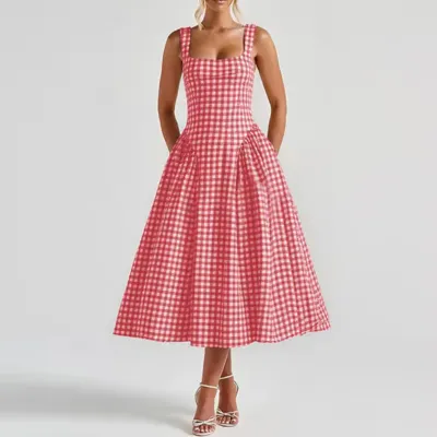 Women Fashion Elegant Summer Plaid Printed Square Collar Stitching A-Line Dress
