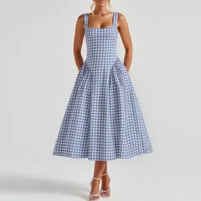 Women Fashion Elegant Summer Plaid Printed Square Collar Stitching A-Line Dress