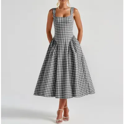 Women Fashion Elegant Summer Plaid Printed Square Collar Stitching A-Line Dress