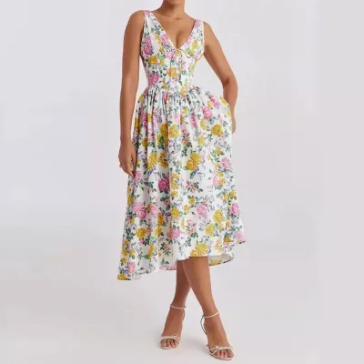 Women Fashion Elegant Summer Printed Backless A-Line Dress