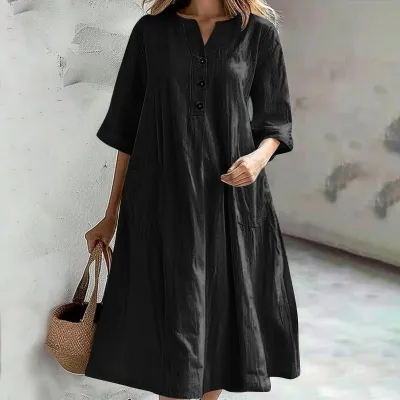 Women Fashion Casual Solid Color Cotton And Linen V-Neck Half-Sleeve Three-Button Pocket Loose Dress