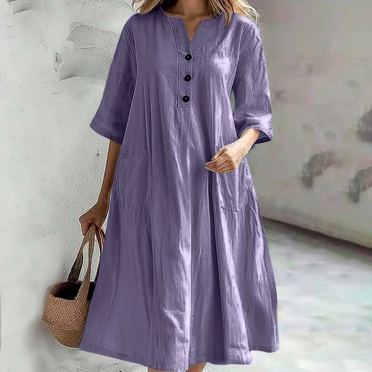 Women Fashion Casual Solid Color Cotton And Linen V-Neck Half-Sleeve Three-Button Pocket Loose Dress
