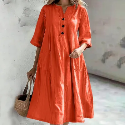 Women Fashion Casual Solid Color Cotton And Linen V-Neck Half-Sleeve Three-Button Pocket Loose Dress