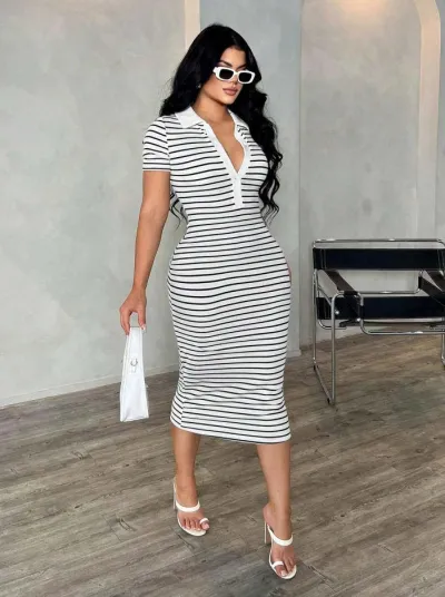 Women Fashion Sexy Summer Stripe Lapel Short-Sleeve Slim-Fit Dress