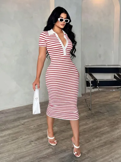 Women Fashion Sexy Summer Stripe Lapel Short-Sleeve Slim-Fit Dress