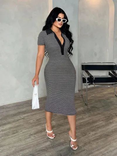 Women Fashion Sexy Summer Stripe Lapel Short-Sleeve Slim-Fit Dress