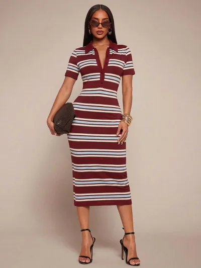Women Fashion Sexy Summer Stripe Lapel Short-Sleeve Slim-Fit Dress