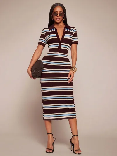 Women Fashion Sexy Summer Stripe Lapel Short-Sleeve Slim-Fit Dress