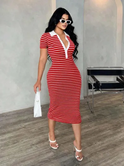 Women Fashion Sexy Summer Stripe Lapel Short-Sleeve Slim-Fit Dress