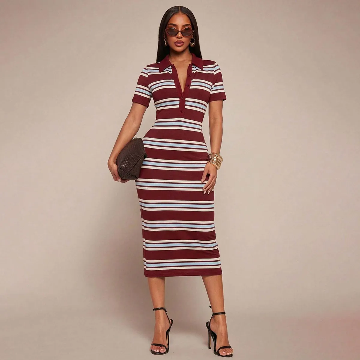 Women Fashion Sexy Summer Stripe Lapel Short-Sleeve Slim-Fit Dress