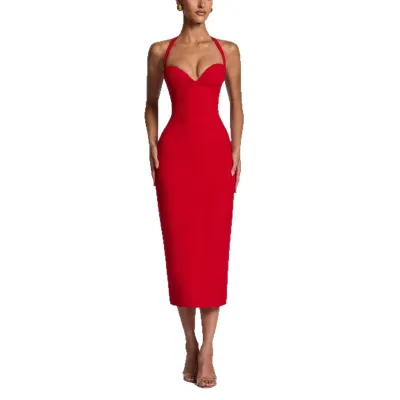 Women Fashion Sexy Spring And Summer Solid Color Sleeveless Slim-Fit Dress