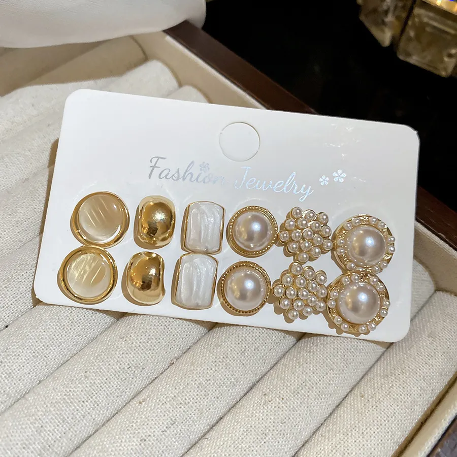 Women Fashion Elegant Pearl Cat'S Eye Stone Floral Geometric Silver Pin Earrings 12-Piece Set