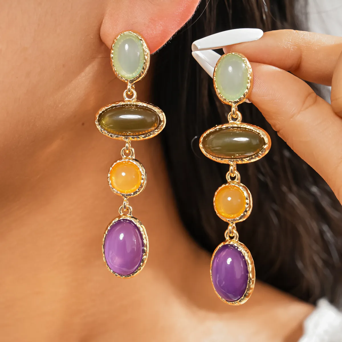 Women Fashion Retro Resin Oval Tassel Silver Needle Earrings