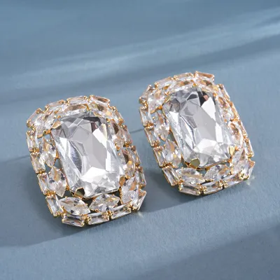 Women Fashion Light Luxury Rhinestone Square Silver Pin Earrings