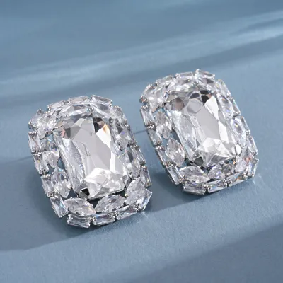 Women Fashion Light Luxury Rhinestone Square Silver Pin Earrings