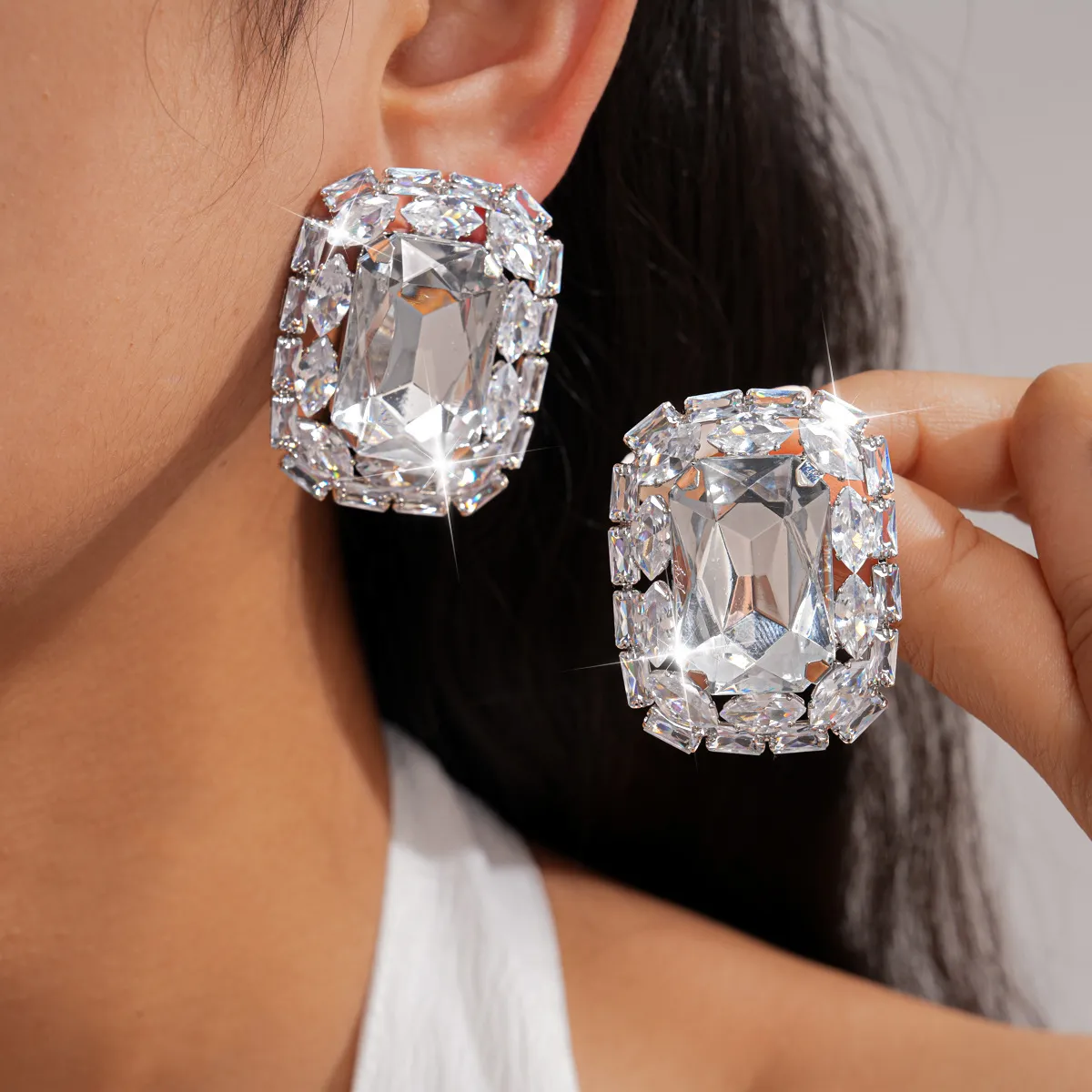 Women Fashion Light Luxury Rhinestone Square Silver Pin Earrings