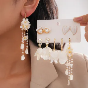 Women Fashion Retro Elegant Shell Imitation Pearl Floral Tassel Silver Pin Earrings 5pair/Set
