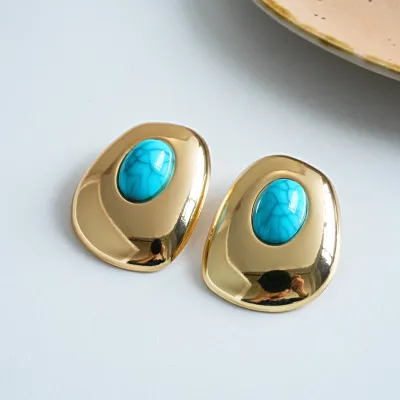 Women Fashion Geometric Resin Oval Silver Pin Earrings