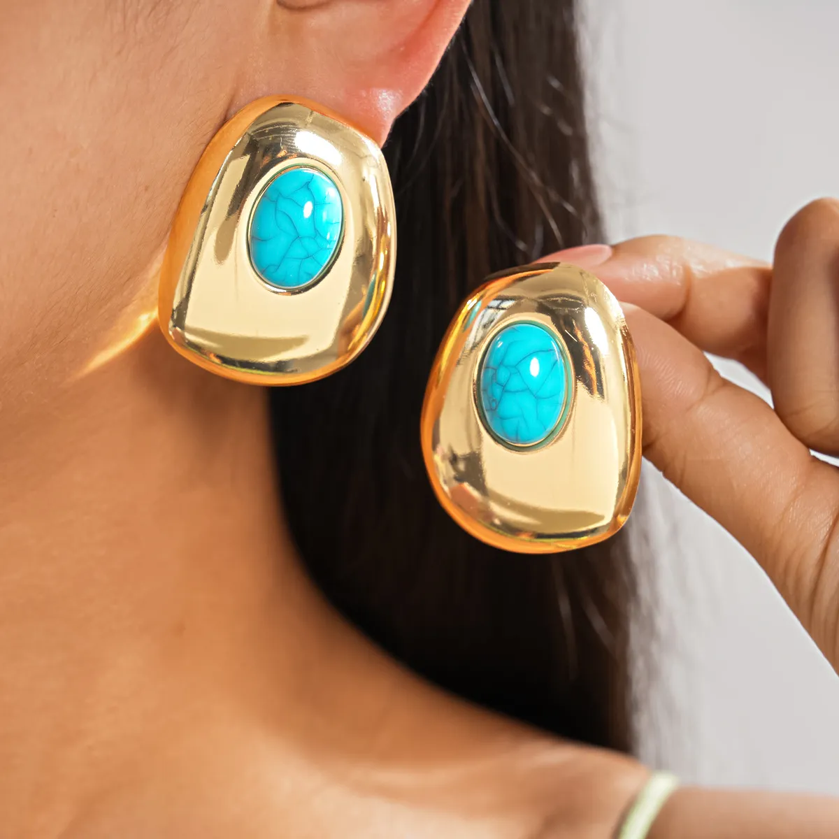 Women Fashion Geometric Resin Oval Silver Pin Earrings