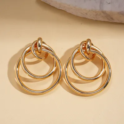 Women Fashion Hollow Geometric Round Buckle Steel Pin Earrings