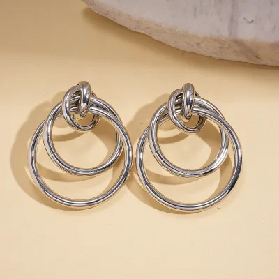 Women Fashion Hollow Geometric Round Buckle Steel Pin Earrings