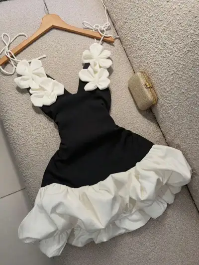 Women Fashion Sexy Solid Color Flower Spaghetti Strap Slim Fit Dress