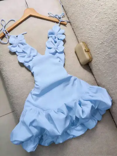 Women Fashion Sexy Solid Color Flower Spaghetti Strap Slim Fit Dress