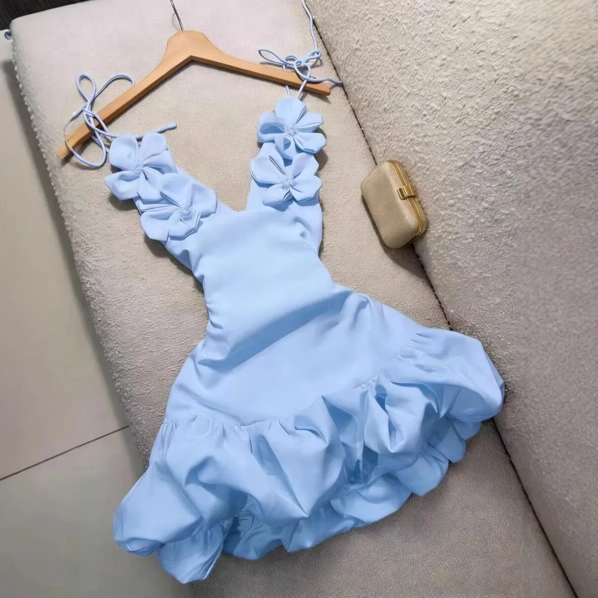 Women Fashion Sexy Solid Color Flower Spaghetti Strap Slim Fit Dress
