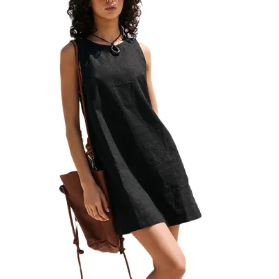 Women Fashion Casual Summer Solid Color Cotton Linen Sleeveless Backless Loose Dress