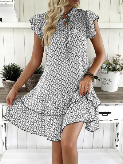 Women Fashion Casual Boho Print V-Neck Flutter Sleeve Lace-Up Loose Dress
