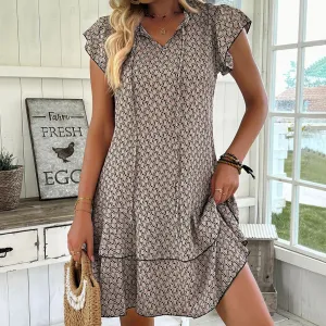 Women Fashion Casual Boho Print V-Neck Flutter Sleeve Lace-Up Loose Dress