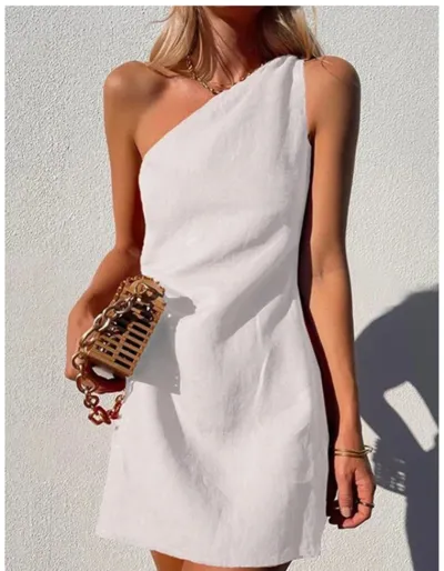 Women Fashion Casual Solid Color Slanted Shoulder Dress