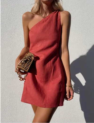 Women Fashion Casual Solid Color Slanted Shoulder Dress