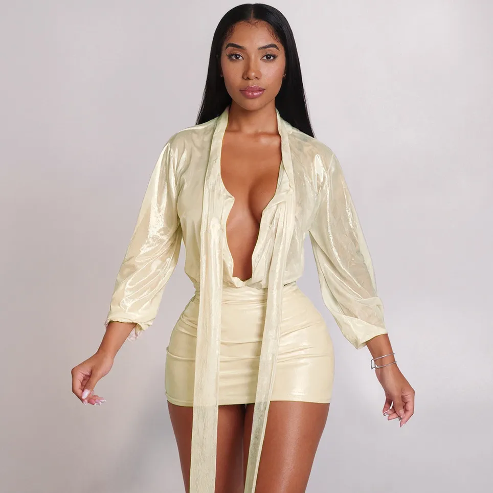Women Fashion Sexy Solid Color Deep V-Neck Long-Sleeve Thread Tight Dress