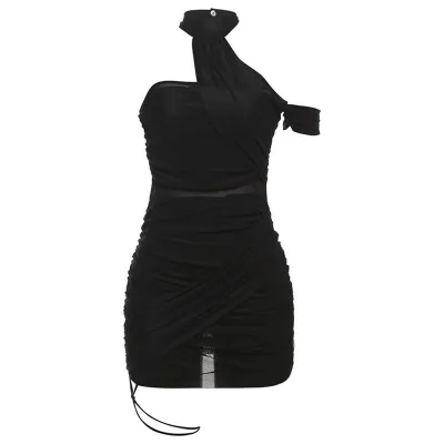 Women Fashion Sexy Summer Solid Color Mesh Stitching Perspective Tight Dress
