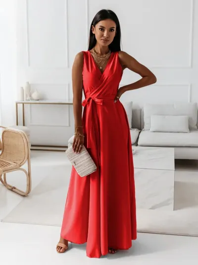 Women Fashion Casual Summer Solid Color Lace-Up V-Neck Sleeveless Long Dress